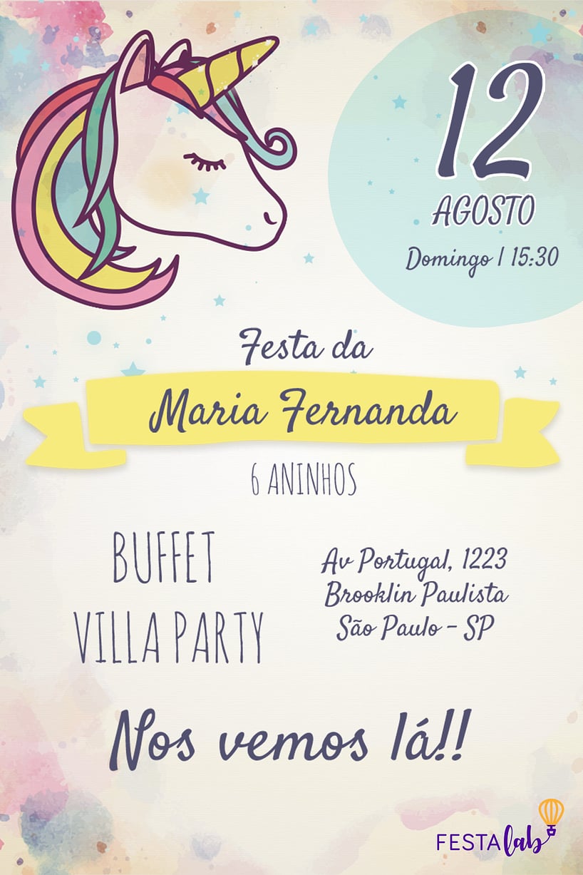 Modelo de Convite de Aniversario - Unicornio Convite Unicórnio grátis para editar