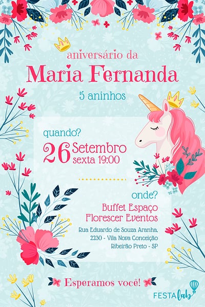 Modelo de Convite de Aniversario - Unicornio Florido Criar convite de aniversário - Unicórnio Florido| FestaLab