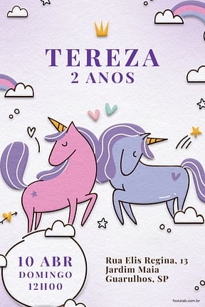 Modelo de Convite de Aniversario - Unicornio Lilas Convite de Aniversario - Unicornio Lilas