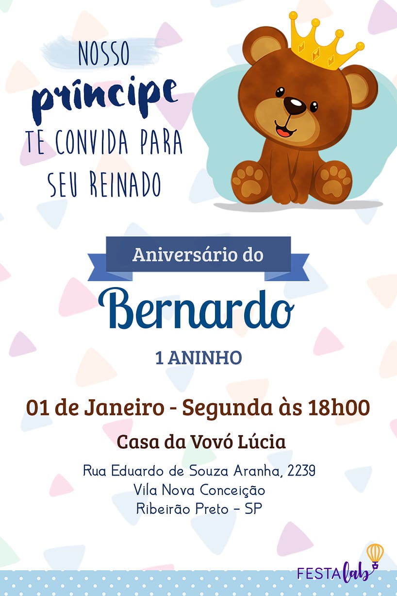 Modelo de Convite de Aniversario - Ursinho Criar convite de aniversário - Ursinho| FestaLab