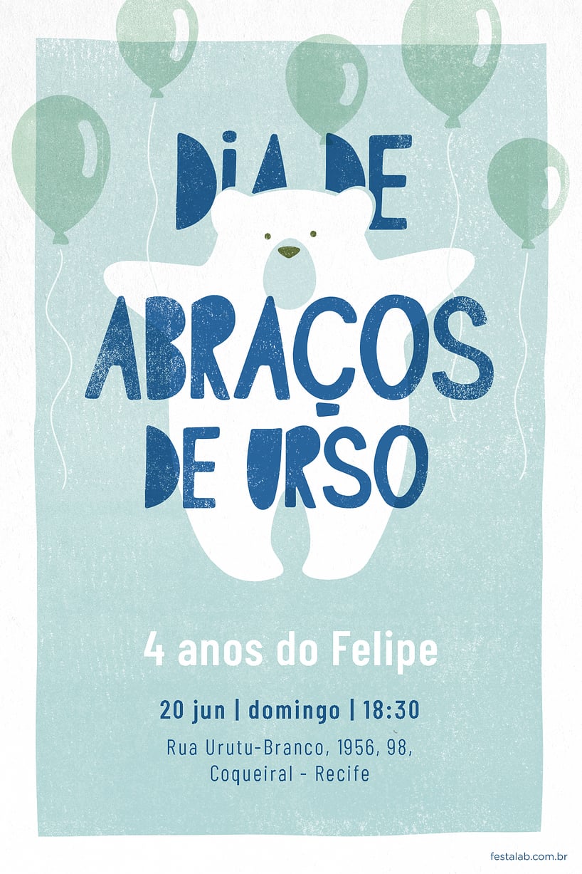 Convite de Aniversario - Ursinho Com Baloes Azul
