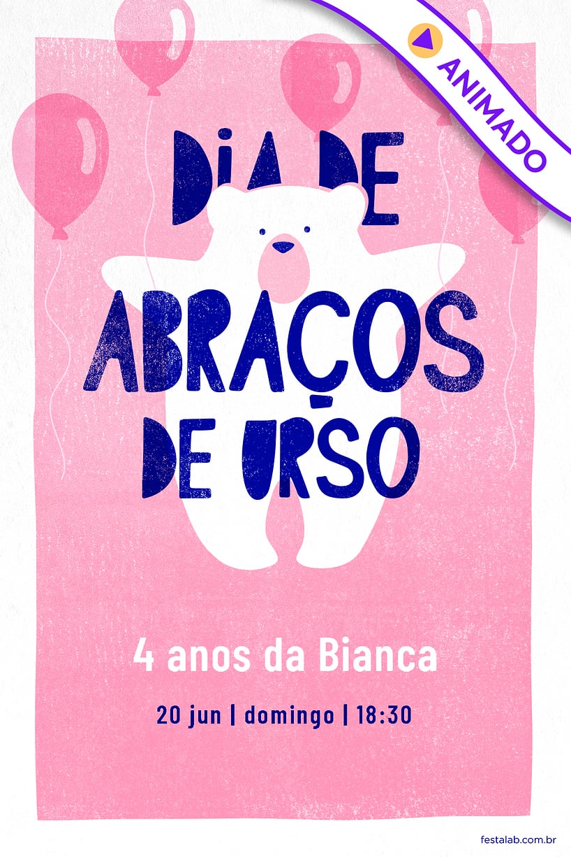 Convite Ursinho com balões Rosa grátis para editar