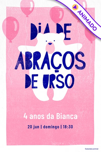 Modelo de Convite de Aniversario - Ursinho com baloes Rosa Convite Ursinho com balões Rosa grátis para editar