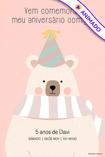 Convite Ursinho Comemoração Rosa grátis para editar