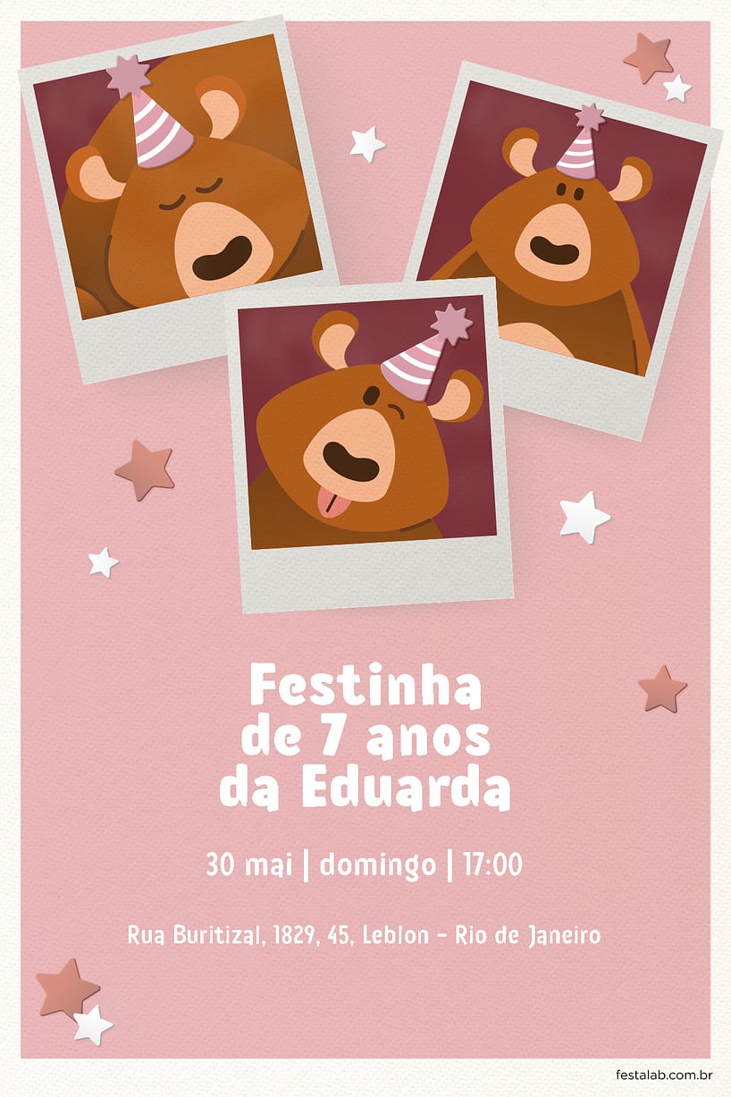 Convite de Aniversario - Ursinho Festa Rosa