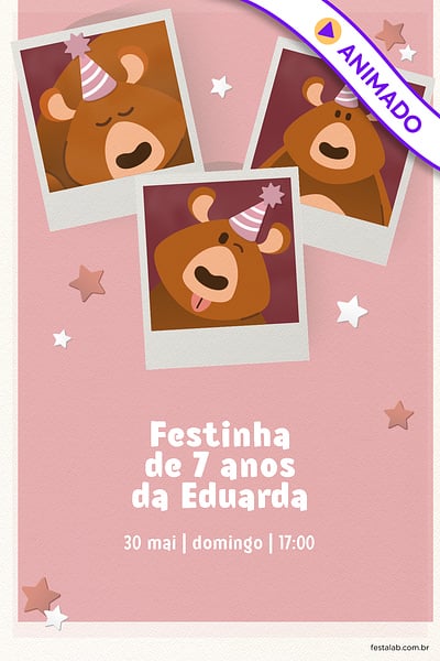 Convite Ursinho Festa Rosa grátis para editar