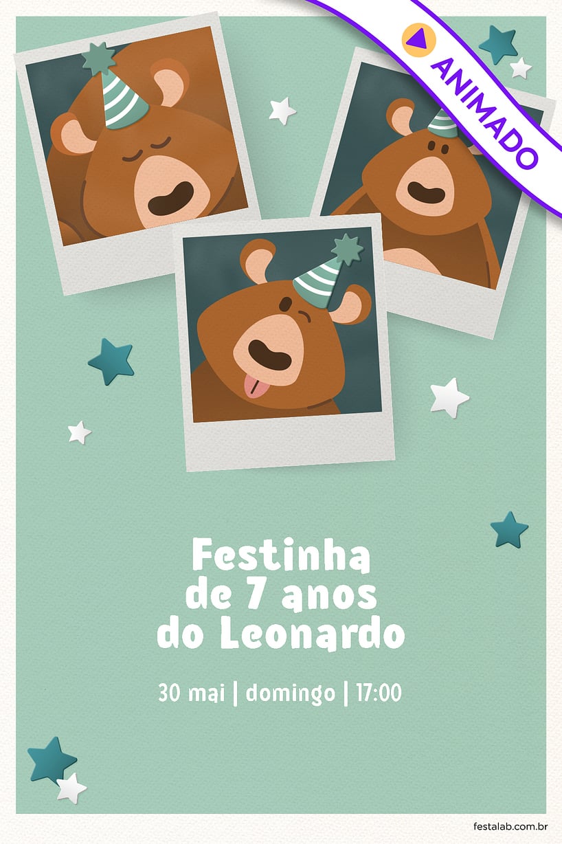 Convite Ursinho Festa Verde grátis para editar
