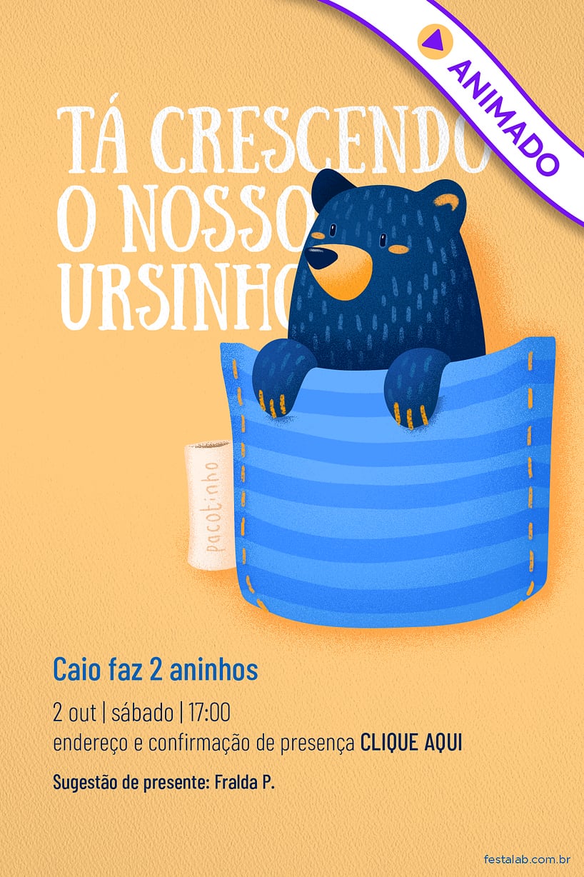 Modelo de Convite de Aniversario - Ursinho no Bolsinho Criar convite de aniversário - Ursinho no Bolsinho| FestaLab