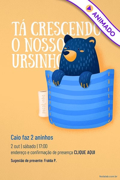 Modelo de Convite de Aniversario - Ursinho no Bolsinho azul Convite Ursinho no Bolsinho azul grátis para editar