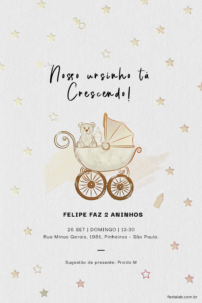 Modelo de Convite de Aniversario - Ursinho no Carrinho Convite Ursinho no Carrinho grátis para editar