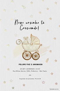 Modelo de Convite de Aniversario - Ursinho no Carrinho Convite Ursinho no Carrinho grátis para editar