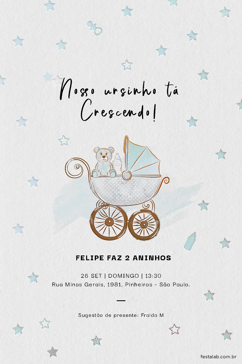 Convite Ursinho no Carrinho azul grátis para editar