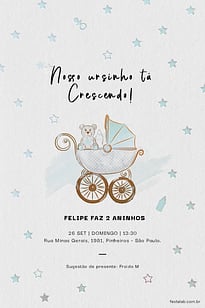 Modelo de Convite de Aniversario - Ursinho no Carrinho azul Convite Ursinho no Carrinho azul grátis para editar