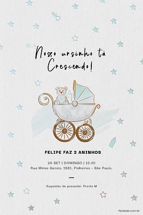 Modelo de Convite de Aniversario - Ursinho no Carrinho azul Convite de Aniversario - Ursinho no Carrinho azul