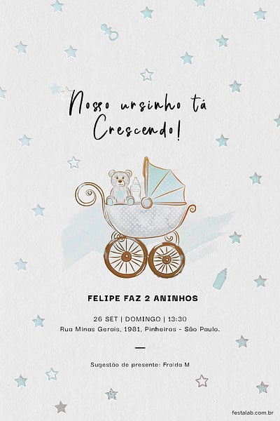 Criar convite de aniversário - Ursinho no Carrinho azul| FestaLab