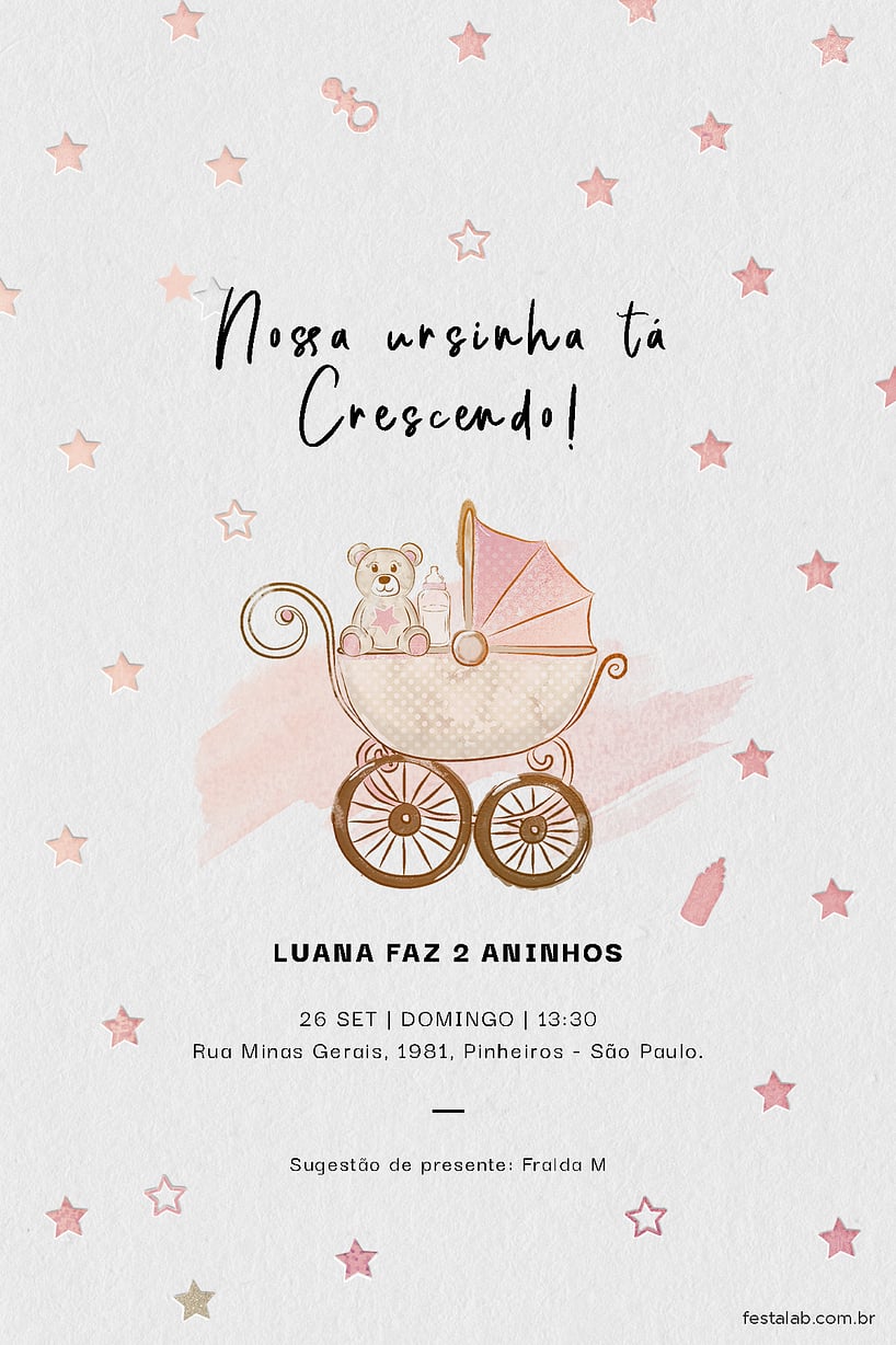 Convite Ursinho no Carrinho rosa grátis para editar