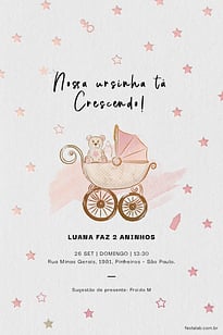 Modelo de Convite de Aniversario - Ursinho no Carrinho rosa Convite Ursinho no Carrinho rosa grátis para editar