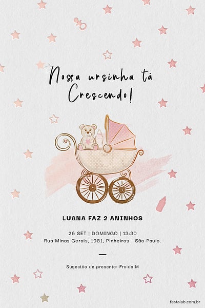 Convite Ursinho no Carrinho rosa grátis para editar