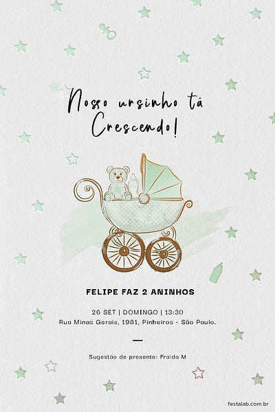 Convite Ursinho no Carrinho grátis para editar