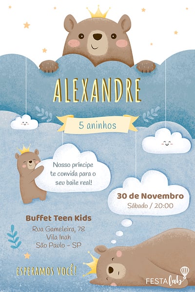 Modelo de Convite de Aniversario - Ursinho Principe Convite Ursinho Príncipe grátis para editar