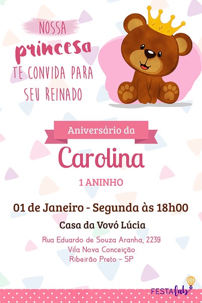 Modelo de Convite de Aniversario - Ursinho rosa Convite Ursinho rosa grátis para editar