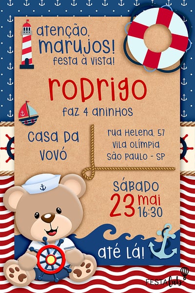 Modelo de Convite de Aniversario - Urso Marinheiro Convite Urso Marinheiro grátis para editar