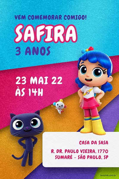 Modelo de Convite de Aniversario - Vera e o Arco iris Convite Vera e o Arco iris grátis para editar
