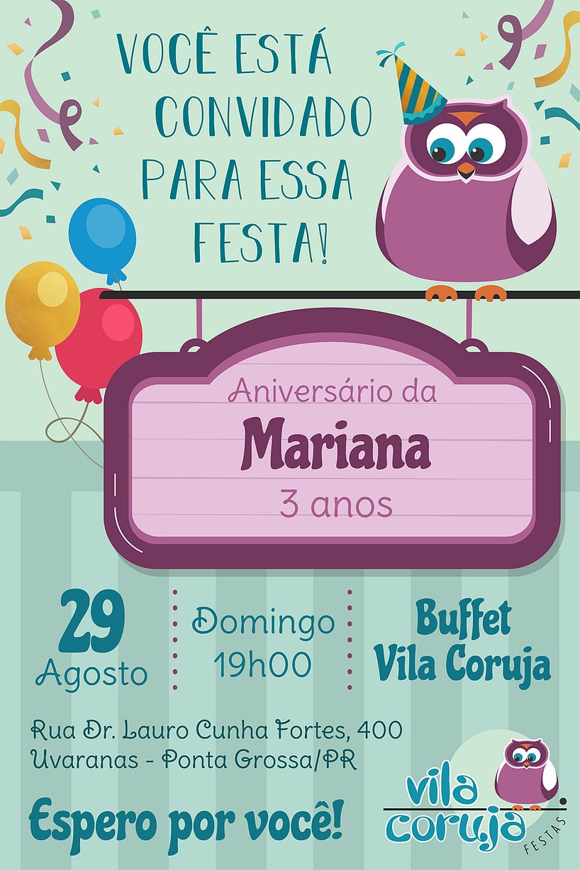 Convite de Aniversario - Vila Coruja Festas