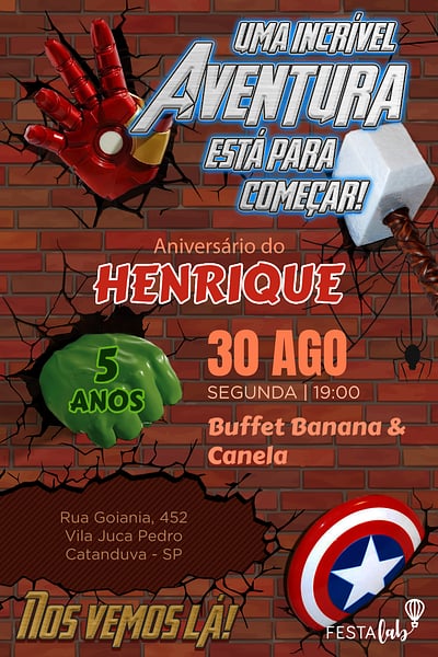Modelo de Convite de Aniversario - Vingadores Convite Vingadores grátis para editar