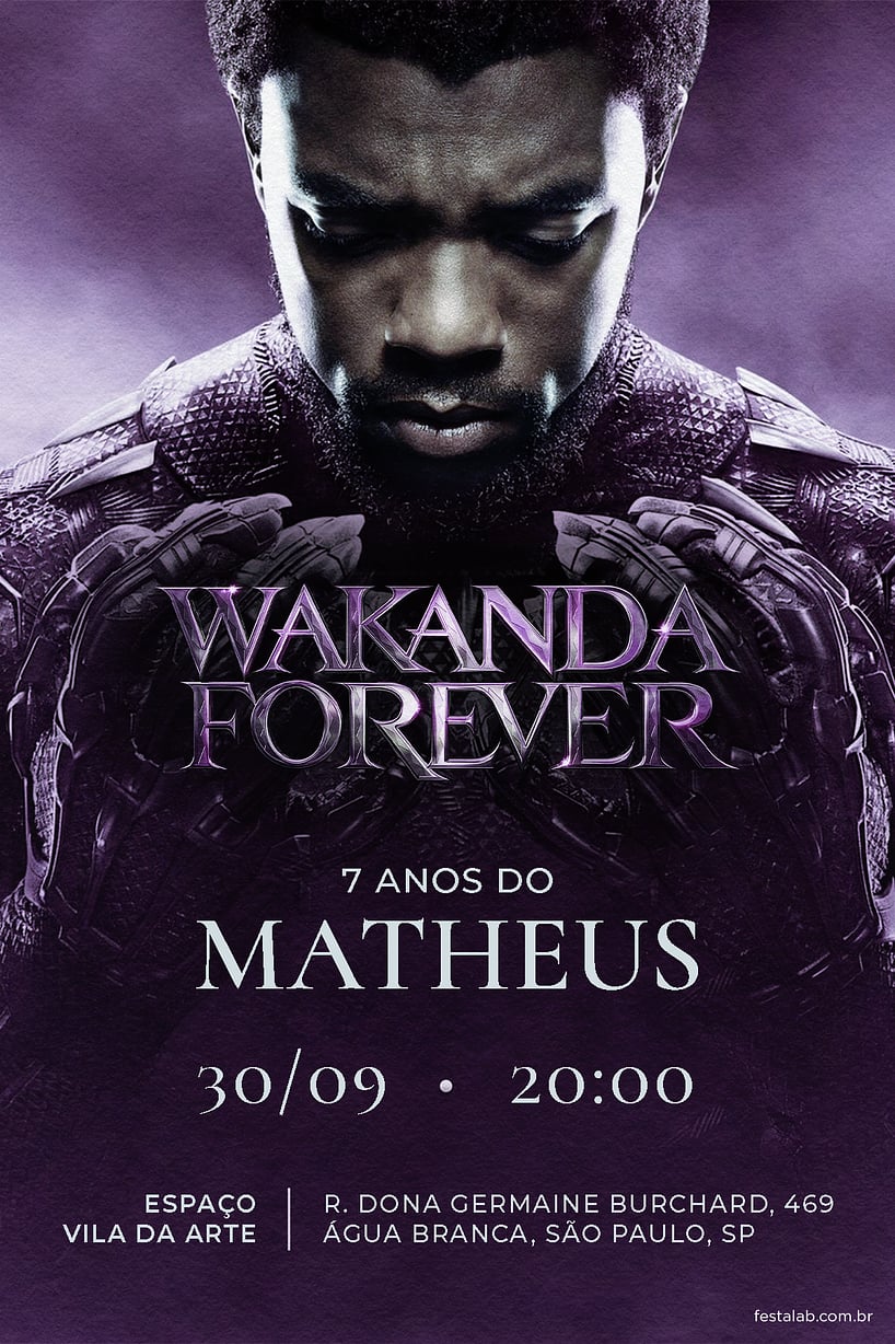 Criar convite de aniversário - Wakanda Forever: Roxo| FestaLab