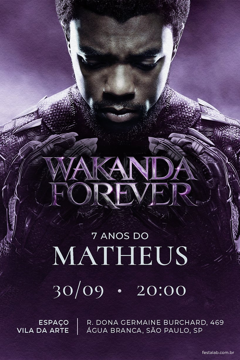 Convite Wakanda Forever: Roxo grátis para editar