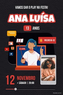 Convite Youtube Preto grátis para editar