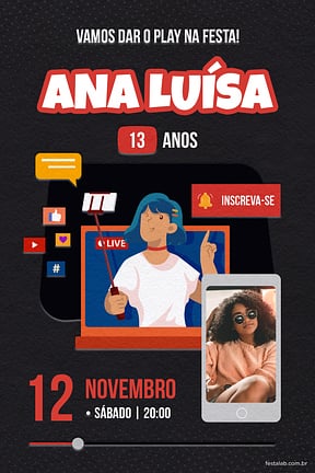 Convite de Aniversario - Youtube Preto