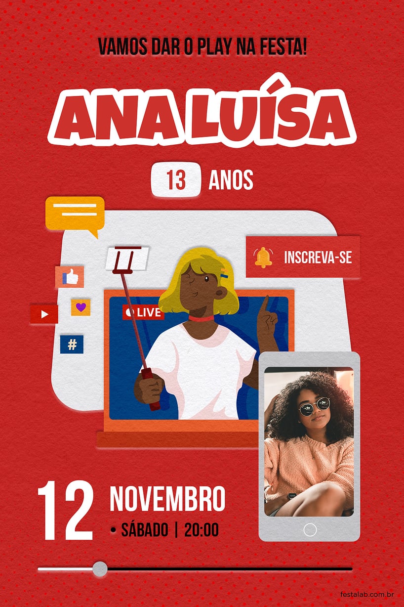 Convite Youtube Vermelho grátis para editar