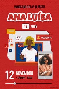 Convite Youtube Vermelho grátis para editar