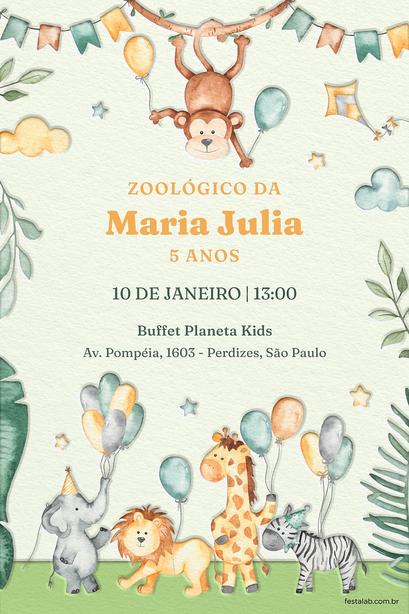 Convite de Aniversario - Zoologico amarelo