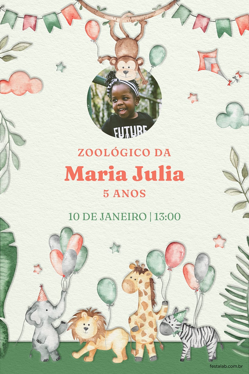 Convite Zoológico rosa grátis para editar