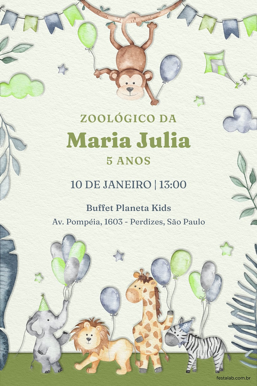 Convite de Aniversario - Zoologico verde
