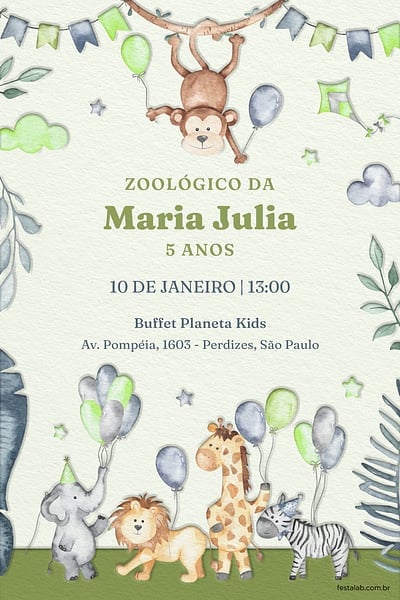 Modelo de Convite de Aniversario - Zoologico verde Convite Zoológico verde grátis para editar