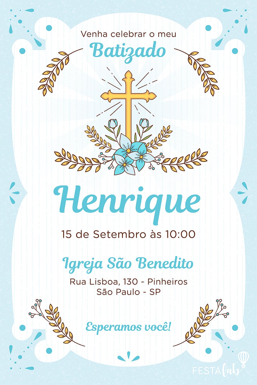 Convite Batizado Azul grátis para editar