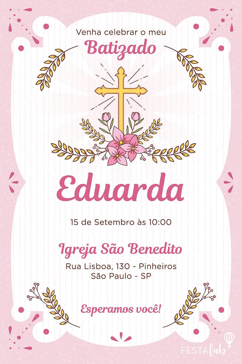 Convite de Batizado - Batizado Rosa