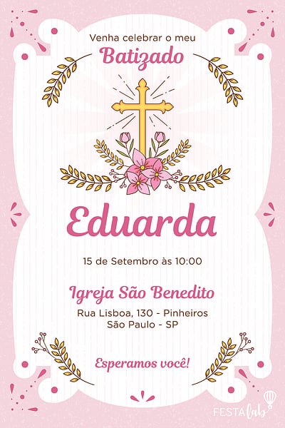 Modelo de Convite de Batizado - Batizado Rosa Convite Batizado Rosa grátis para editar