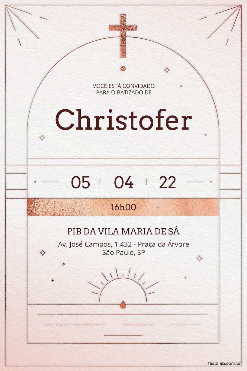 Modelo de Convite de Batizado - Catedral minimalista rose gold Convite Catedral minimalista rose gold grátis para editar