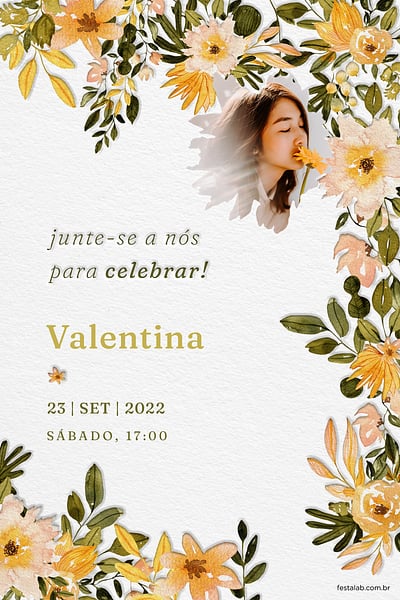 Modelo de Convite de Batizado - Floral amarelado Convite Floral amarelado grátis para editar