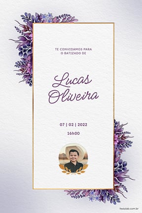 Modelo de Convite de Batizado - Folhas da comunhao lilas Convite de Batizado - Folhas da comunhao lilas