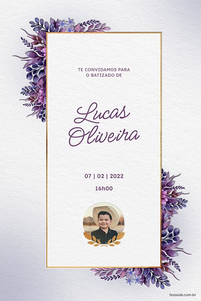 Criar convite de Batizado - Folhas da comunhão lilás| FestaLab