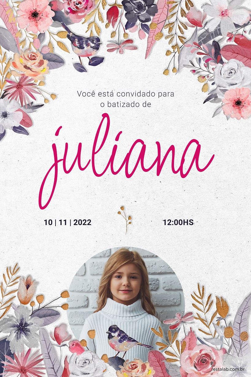 Convite de Batizado - Jardim rosa em comunhao