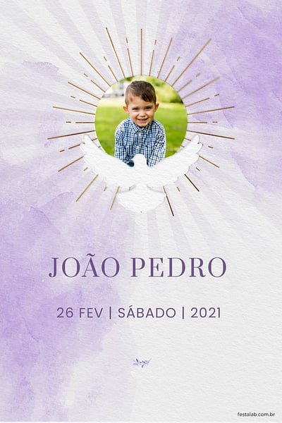 Modelo de Convite de Batizado - Pomba da paz lilas Convite Pomba da paz lilás grátis para editar