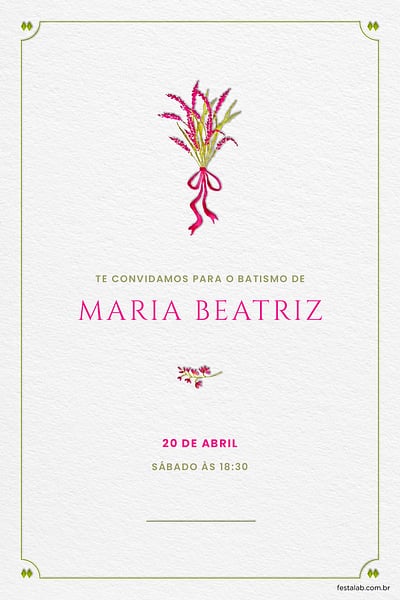 Modelo de Convite de Batizado - Ramo de flores rosa Convite Ramo de flores rosa grátis para editar