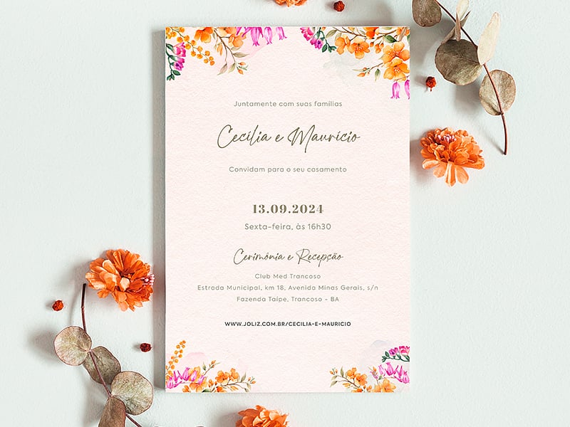 Convite de Casamento - Cascata de Lirios Laranjas
